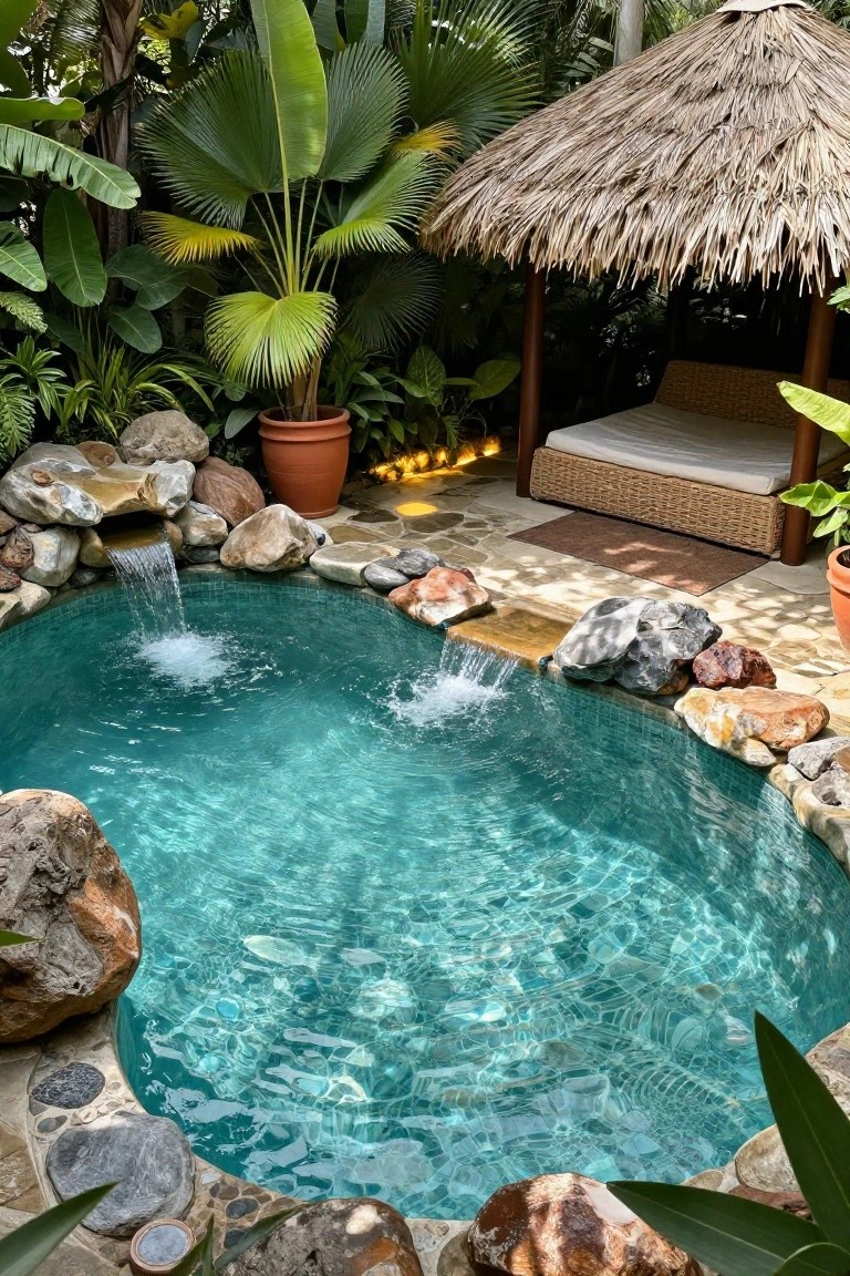 Small turquoise pool edged with natural rocks and boulders, featuring a waterfall cascade and bubbling jets, surrounded by tropical plants and a thatched roof cabana with bench seating.