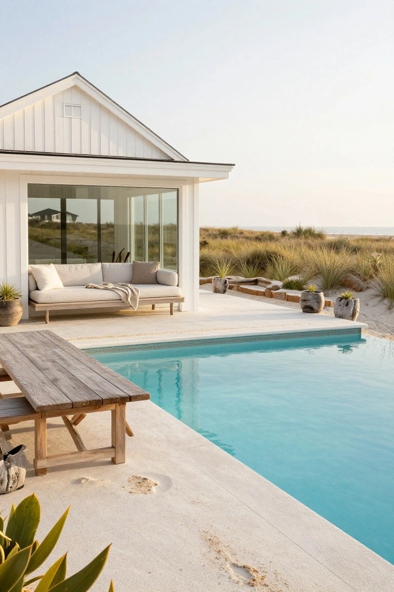 White pool house with glass walls and gabled roof beside a turquoise pool, with a beige outdoor sofa on the deck, wooden picnic table and benches at the pool edge, potted plants, and dune grass in the background.