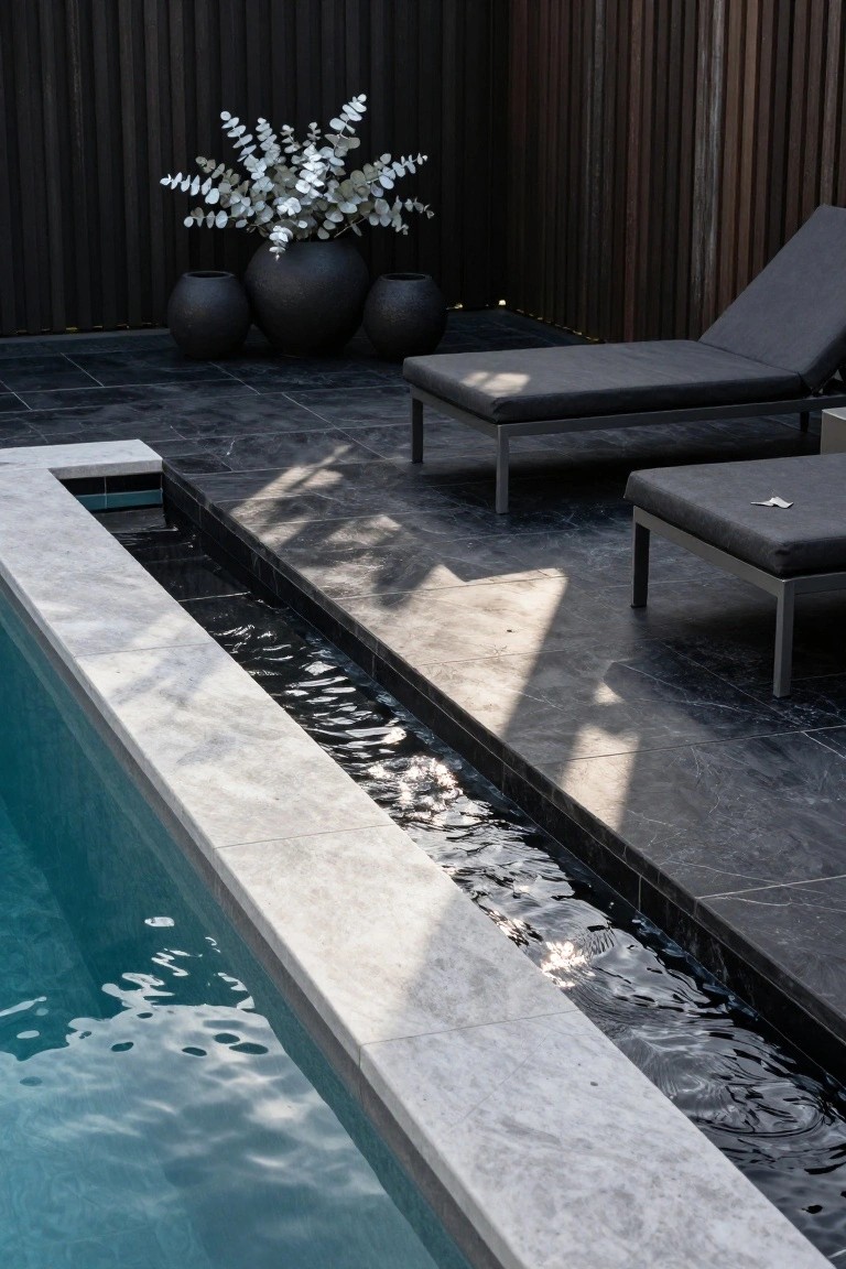 Close-up of turquoise pool water meeting white marble coping and black tiled deck with two black loungers positioned alongside, black pots with white foliage, and dark vertical wood fencing in the background.
