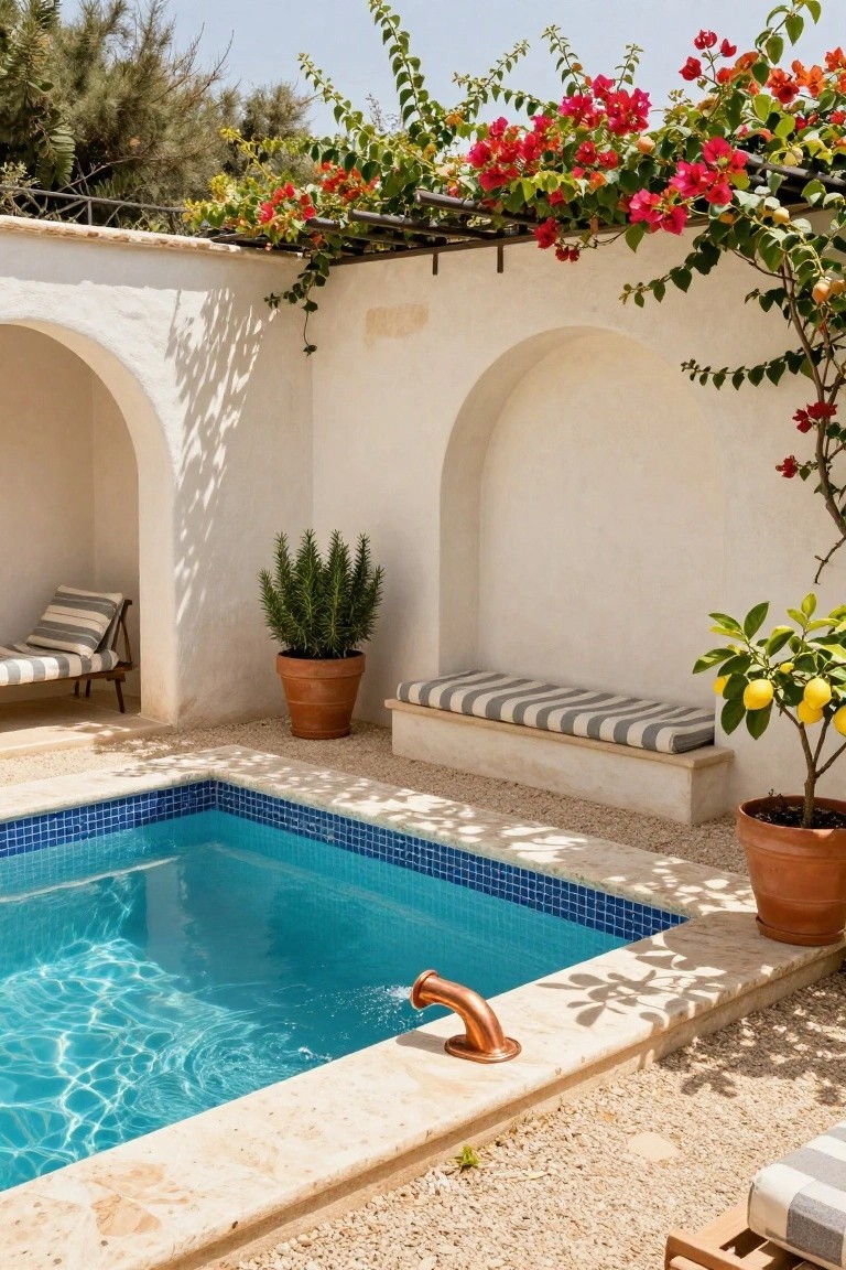 Small rectangular pool with blue mosaic tiles in a white stucco courtyard featuring arched walls, climbing red bougainvillea on a metal trellis, potted plants including a lemon tree and succulents, built-in striped bench, and lounge chair on gravel ground.