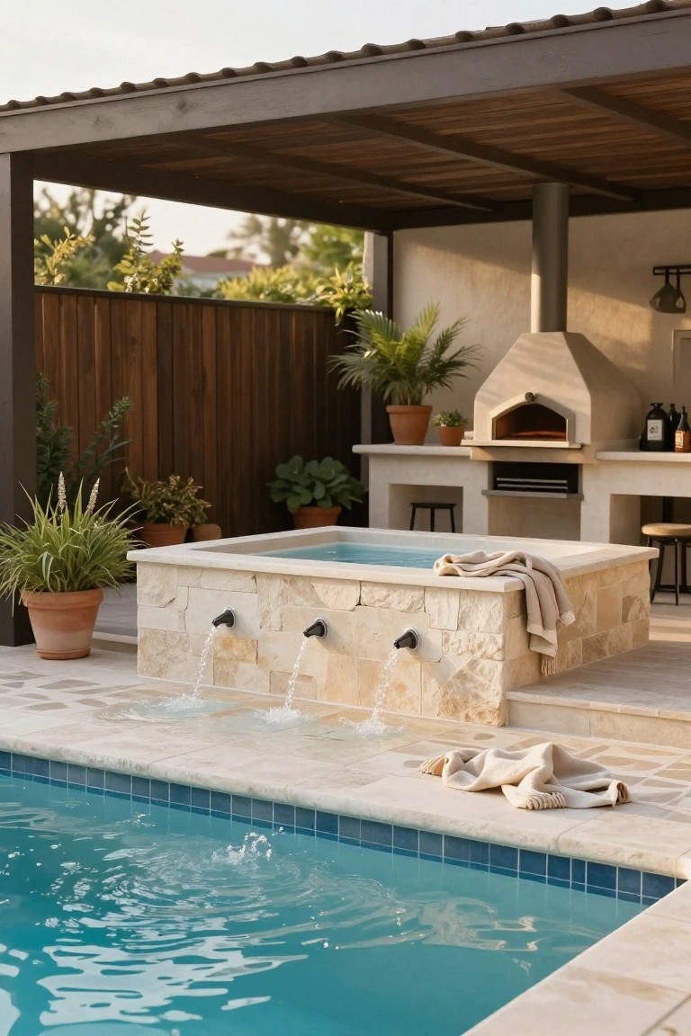 Stone hot tub elevated next to a rectangular pool with water cascading from three spouts into the pool, outdoor kitchen with pizza oven under a pergola, potted plants, and wooden fence in the background.