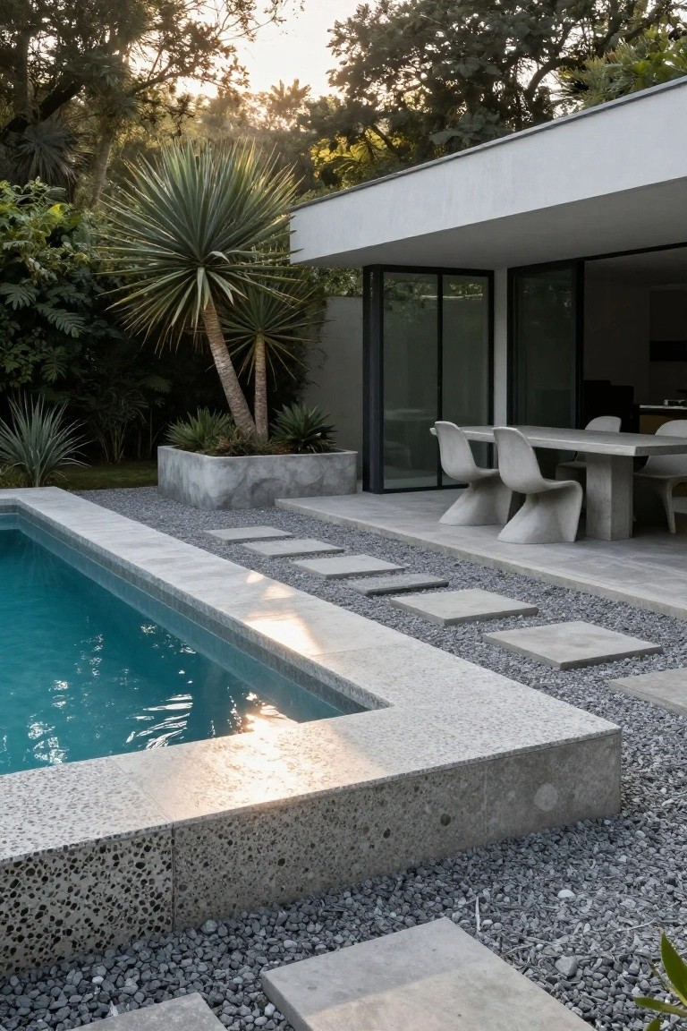 Long narrow turquoise pool next to a light gray concrete terrace with white molded plastic chairs around a concrete dining table, flat concrete stepping stones across a gravel strip leading to the pool edge, tropical plants and trees surrounding the area, modern white house with large sliding glass doors visible.