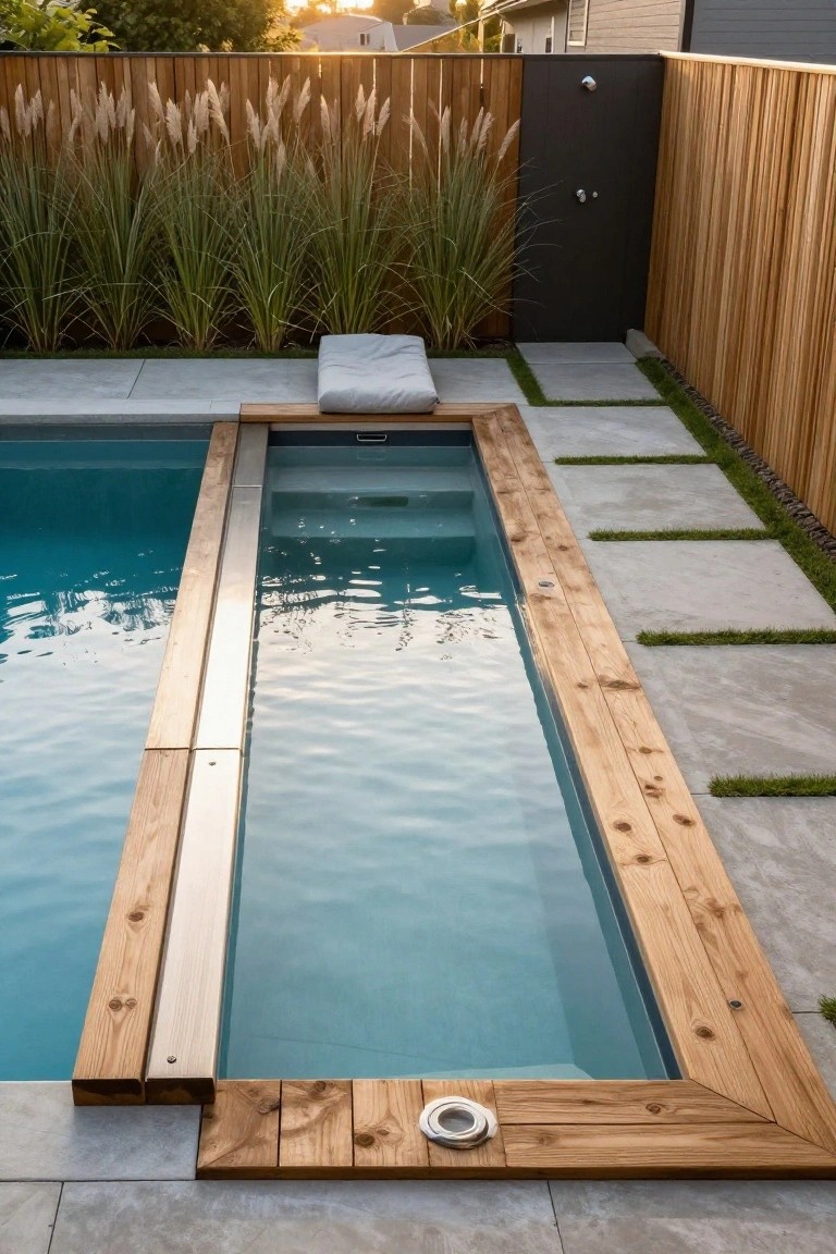 Narrow rectangular inground pool with light wooden decking along the edges, concrete pavers and grass strips nearby, tall pampas grass along a wooden privacy fence, and an outdoor shower in a backyard setting.