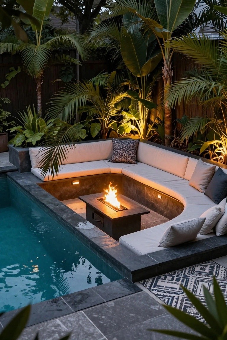 Curved beige built-in sofa with pillows surrounds a black rectangular gas fire pit table at the edge of a turquoise inground pool, backed by dark stone and tropical plants in a backyard at dusk.