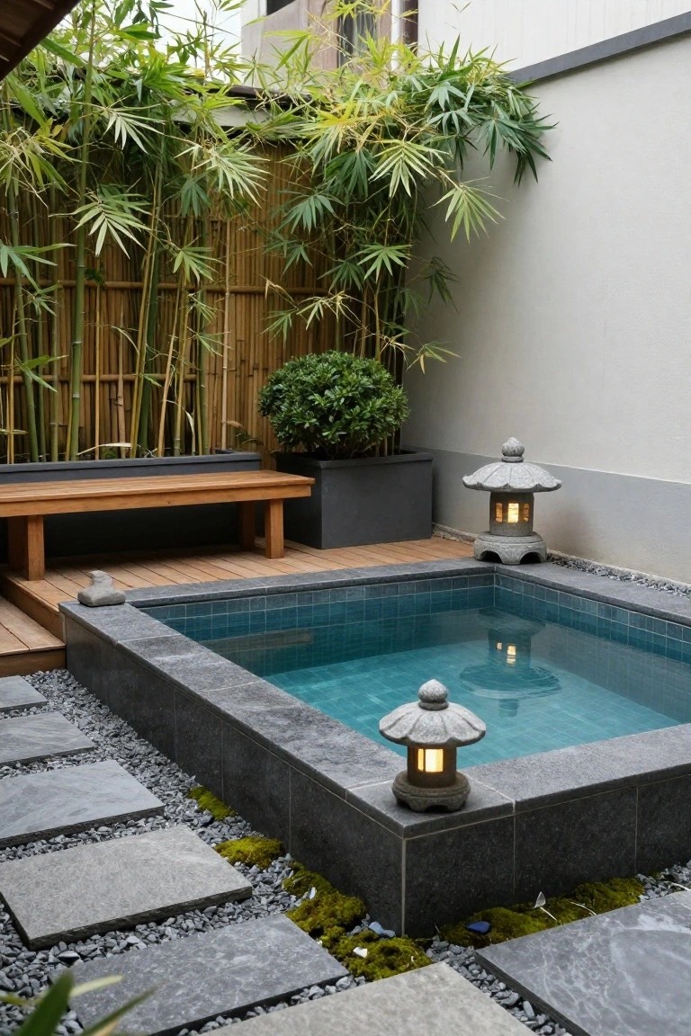 Small turquoise-tiled inground plunge pool in a bamboo-enclosed courtyard with stone lanterns, wooden bench on decking, stepping stones, and mossy gravel edges.