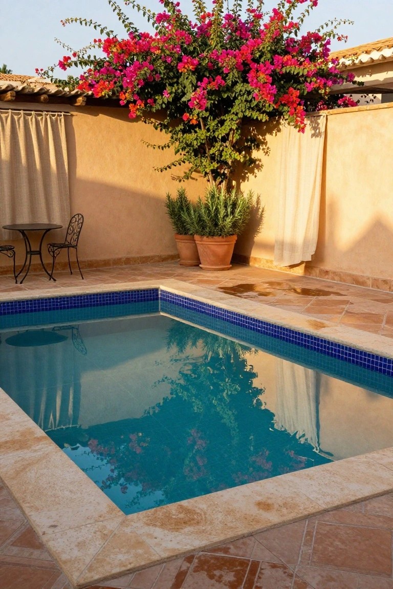Small rectangular inground pool with blue tiled edges in a terracotta-paved courtyard, surrounded by beige stucco walls, overhanging pink bougainvillea, potted rosemary plants, beige curtains, and a black metal bistro table with two chairs.