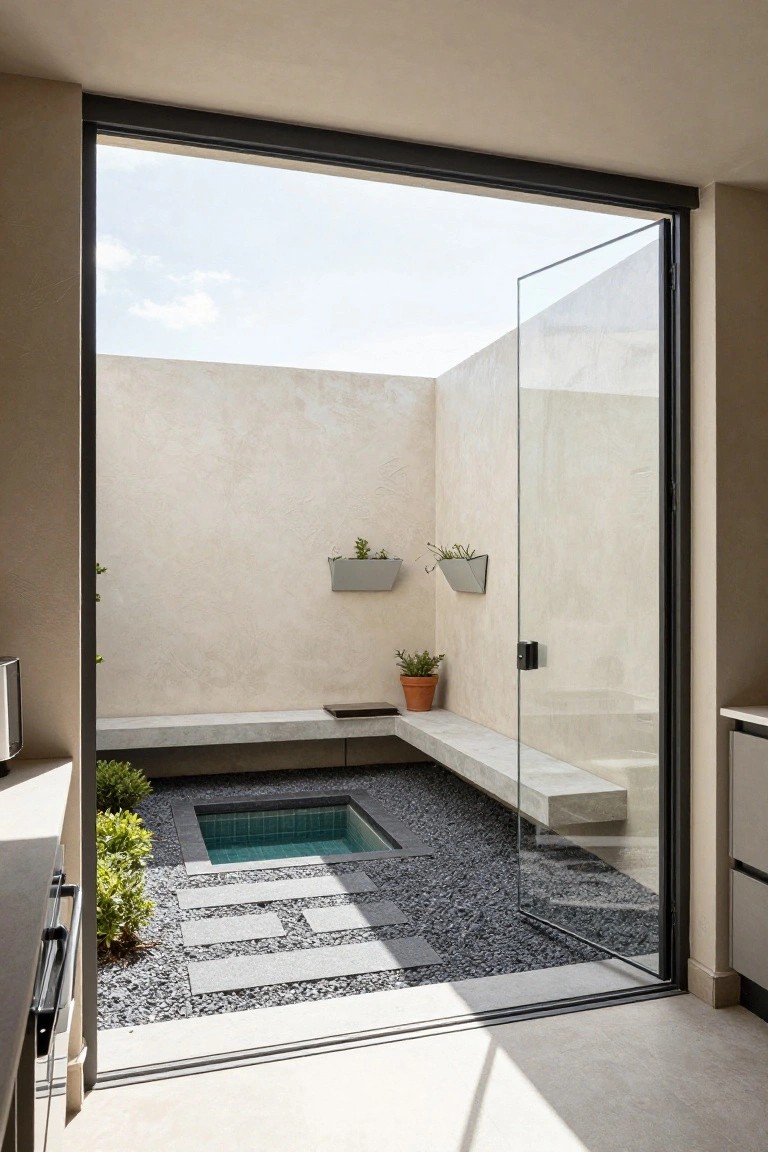 Modern kitchen interior with stainless appliances viewed through open glass doors to a small walled courtyard containing a rectangular inground plunge pool, gravel ground cover, concrete bench seating, stone pavers, and container plants on beige stucco walls.