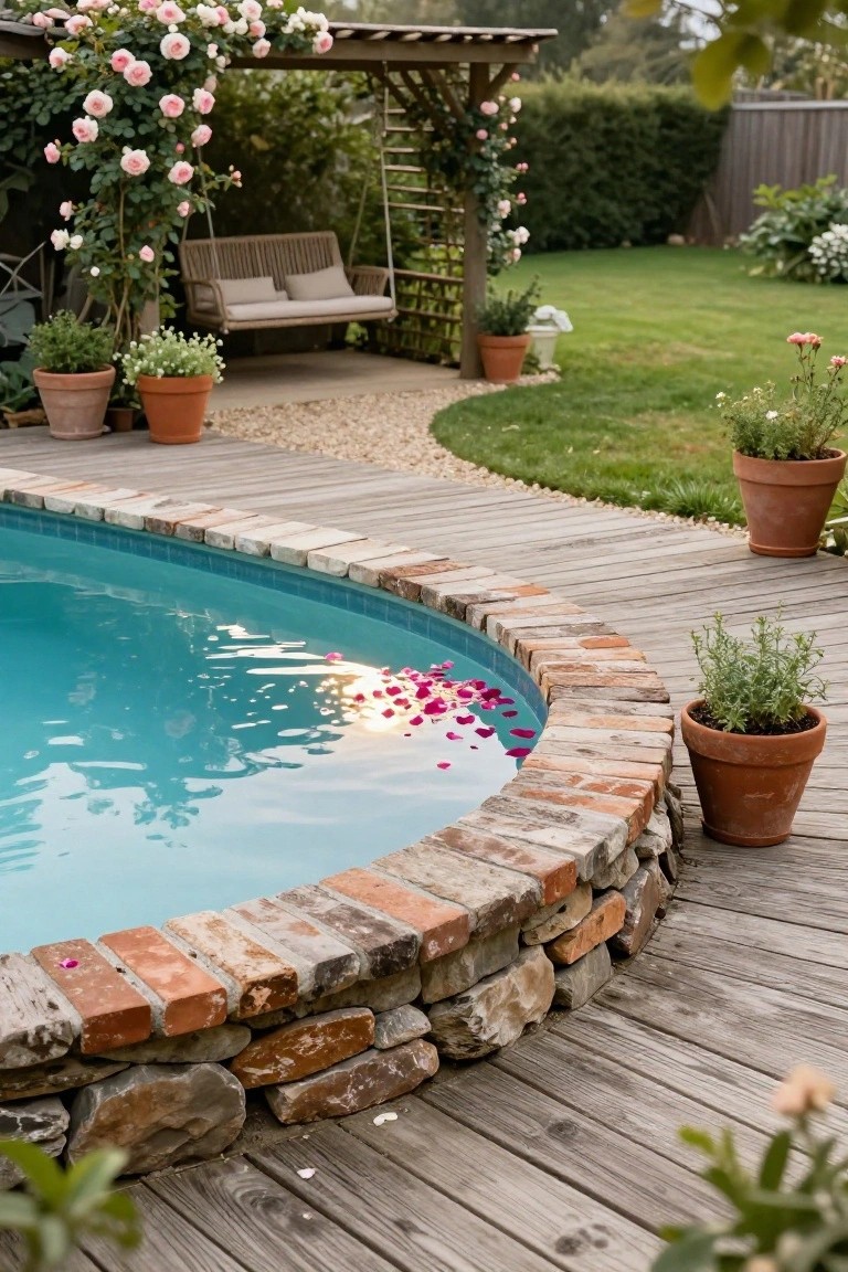 Curved turquoise inground pool edged in brick and surrounded by a wooden deck path, with potted plants, rose-covered arbor, swing seat, and green lawn in a backyard.
