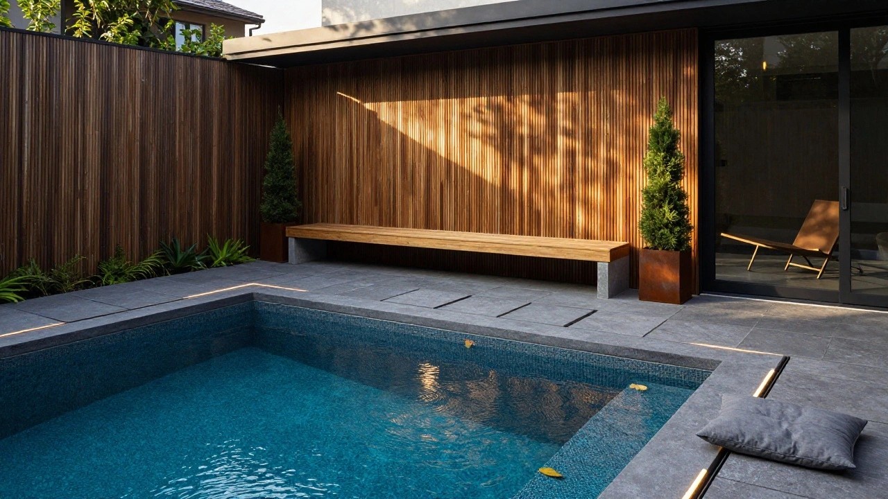 Inground pool with dark blue tiles and mosaic bottom next to a concrete house wall clad in vertical wooden slats, featuring a built-in wooden bench with white cushion and pillow, flanked by potted conifers, dark grey pavers, and a wooden lounge chair.