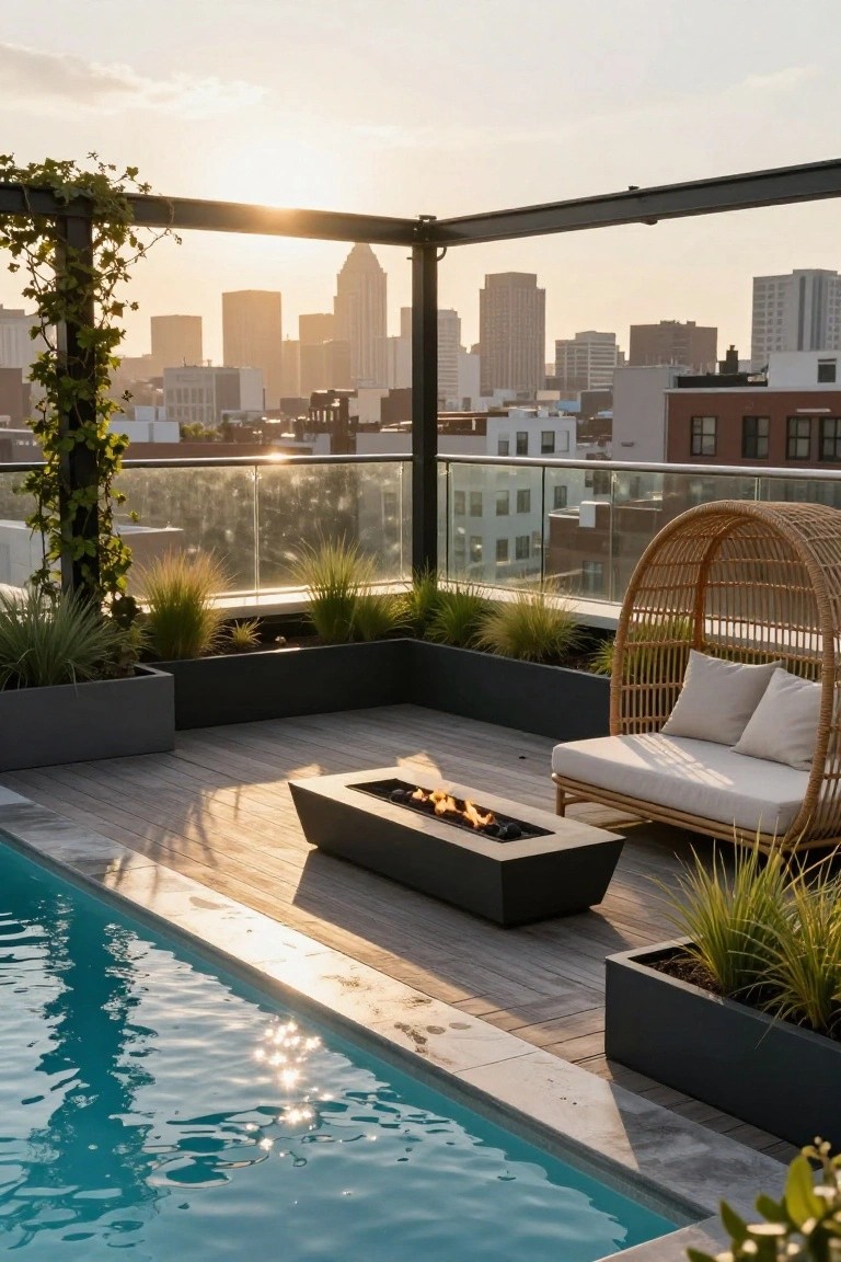 Rooftop terrace with turquoise inground pool at the edge, rectangular black linear fire pit with yellow flames, wicker egg chair with white cushions, black planters of ornamental grasses, glass railing, and city skyline at sunset.
