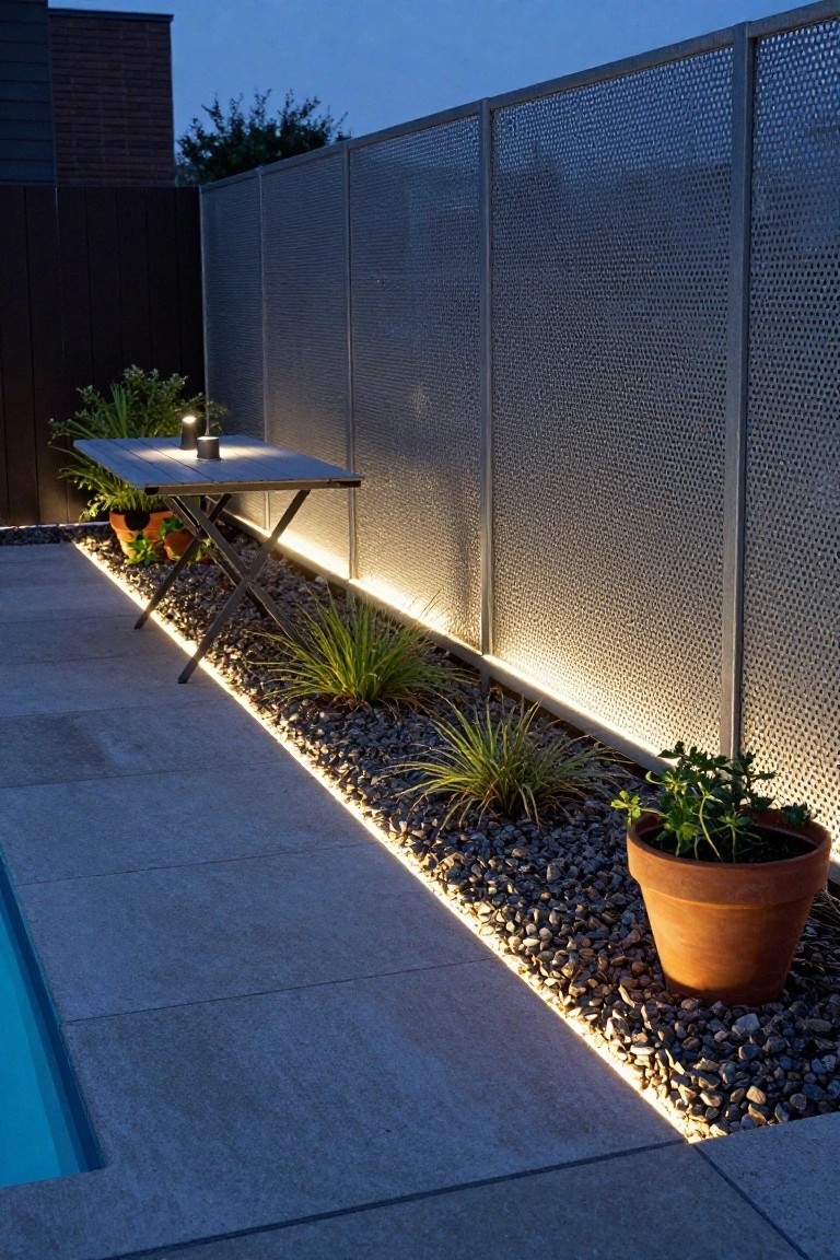 Night view of an inground pool edge with recessed white LED strip lights along gray pavers, adjacent gravel bed with grasses and potted plants, small wooden table with lamp, and tall metal mesh fence.