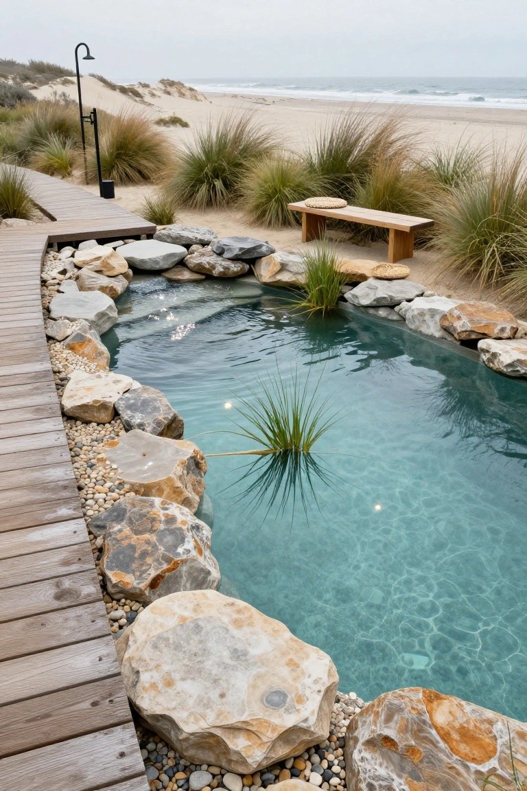 Small inground pool bordered by large natural rocks and boulders, with a wooden walkway, beach grasses, a bench, and ocean dunes in the background.