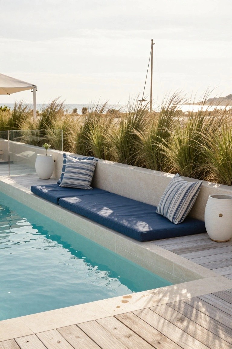 Built-in bench with blue cushions and striped pillows along the edge of a turquoise inground pool, next to tall grasses in raised beds, white ceramic pots, glass railing, and wooden decking with sea view in background.