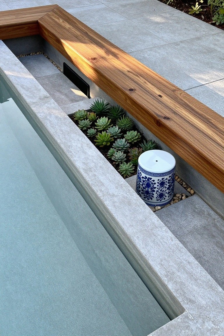 Wooden bench built along the edge of an inground pool with a trough of succulents between the bench and pool water, a blue and white ceramic pot on pebbles, gray concrete paving, and plants in the background.