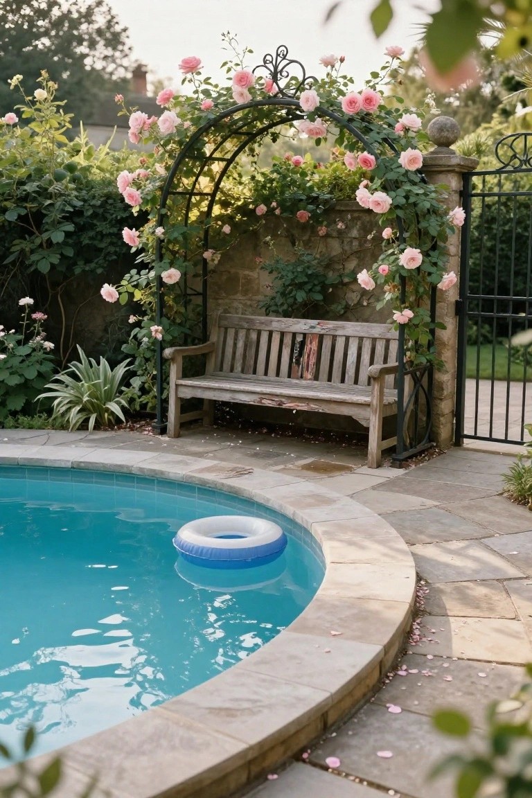 Curved turquoise inground pool next to a weathered wooden bench under a metal arch covered in pink climbing roses, with stone walls, greenery, and a black iron gate in a garden.