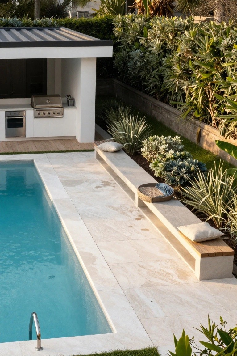 Rectangular turquoise inground pool with light beige stone decking, a long built-in concrete bench seat with wood trim and white cushions along one edge, potted plants on the bench, agave plants and shrubs nearby, and a white outdoor kitchen structure in the background.