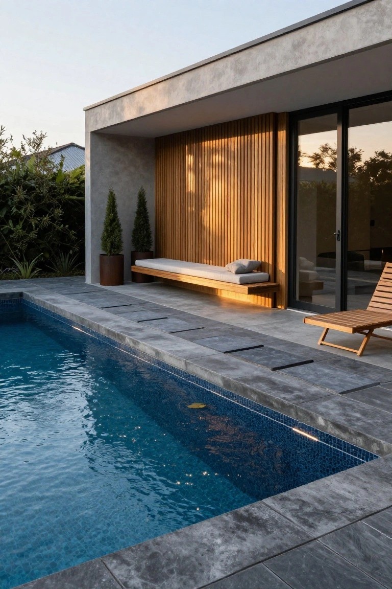 Inground pool with dark blue tiles and mosaic bottom next to a concrete house wall clad in vertical wooden slats, featuring a built-in wooden bench with white cushion and pillow, flanked by potted conifers, dark grey pavers, and a wooden lounge chair.