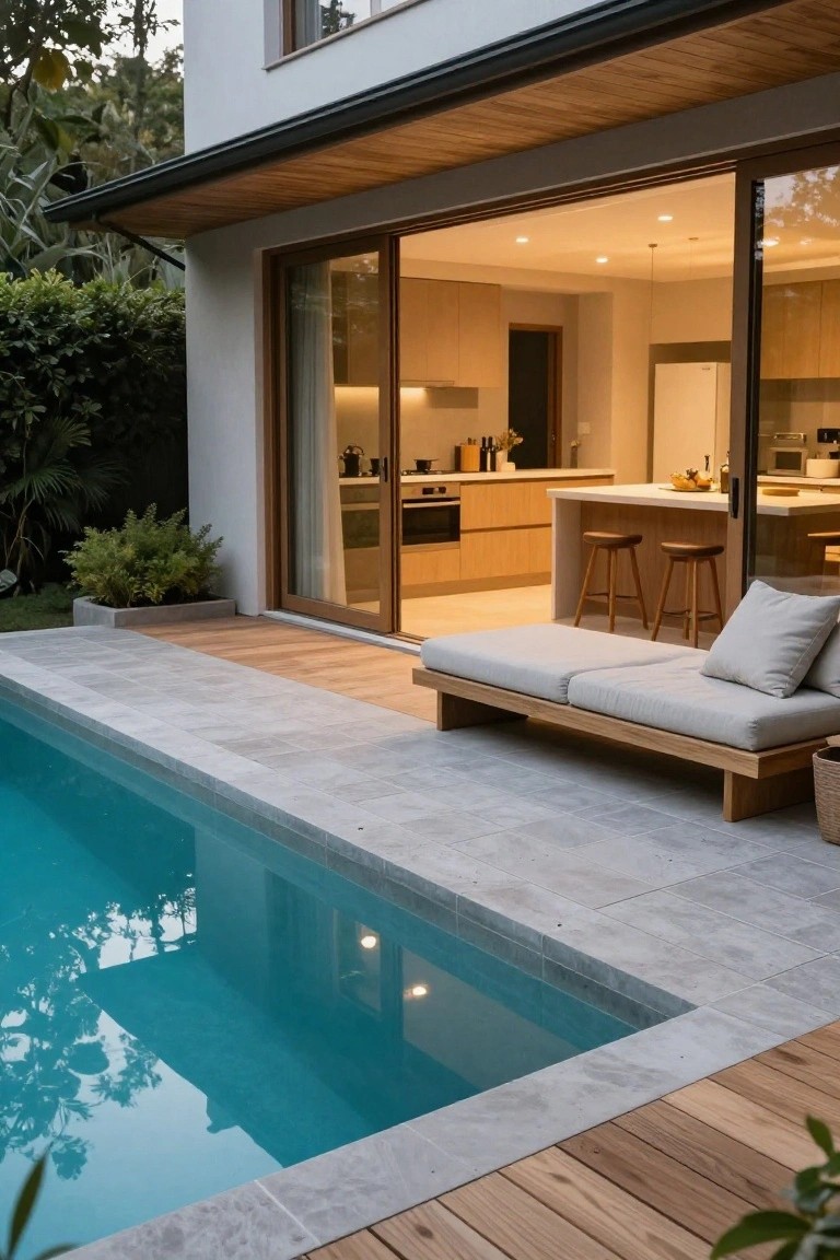 Modern house with open sliding glass doors from kitchen to pool deck, low wooden daybed with gray cushions beside small inground pool, tropical plants and greenery around.