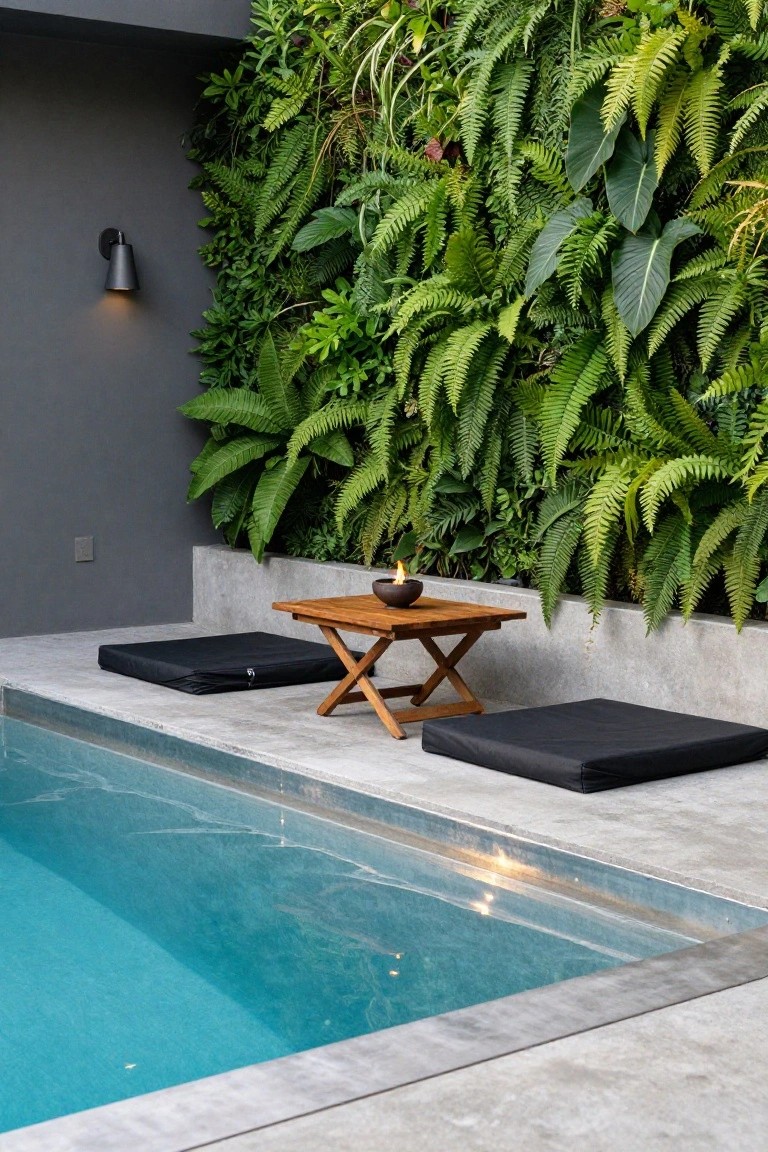 Inground pool with light blue water along a gray concrete edge, wooden folding table holding a lit candle in a black bowl, two black floor cushions, and a tall vertical green wall of ferns and plants next to a dark gray exterior wall.