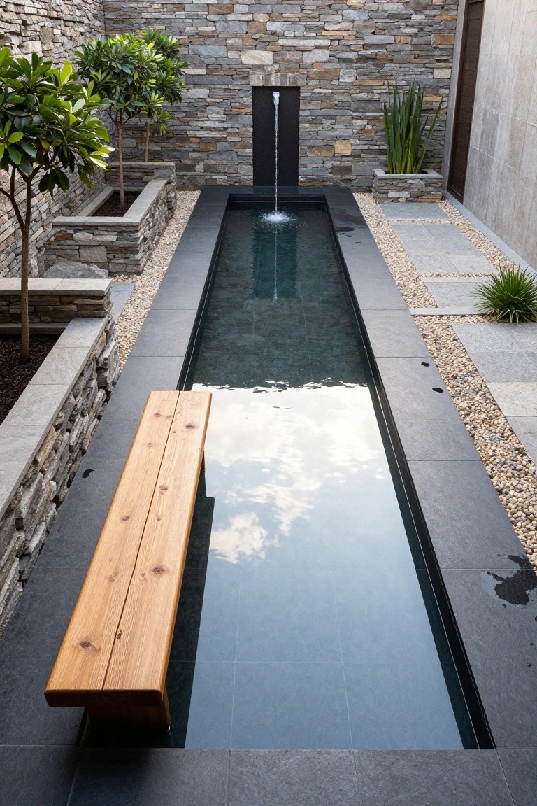 Narrow rectangular inground pool with clear water and small fountain, wooden bench along one edge, surrounded by stone walls, planters with small trees, agave plants, and pebble paths on dark slate tiles.