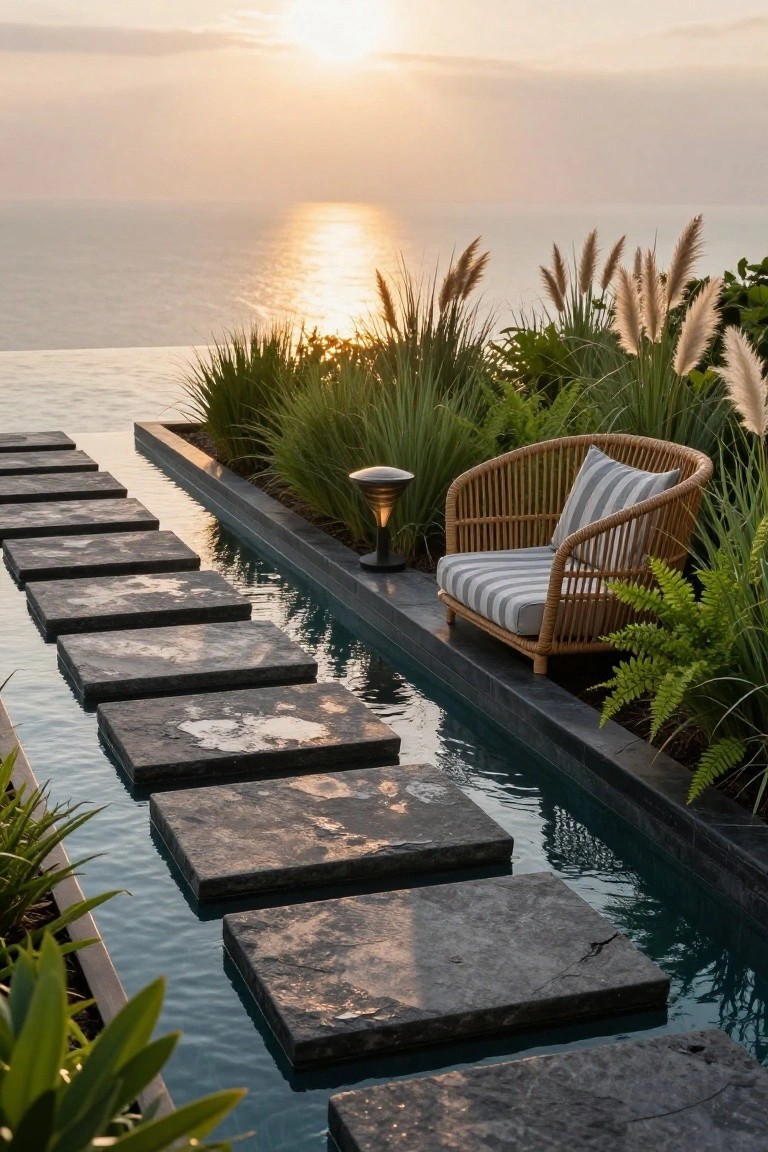 Infinity edge pool with large rectangular stone stepping stones spanning a narrow dark water channel, surrounded by tall pampas grass, ferns, and other tropical plants, a striped rattan armchair with lamp nearby, overlooking ocean at sunset.