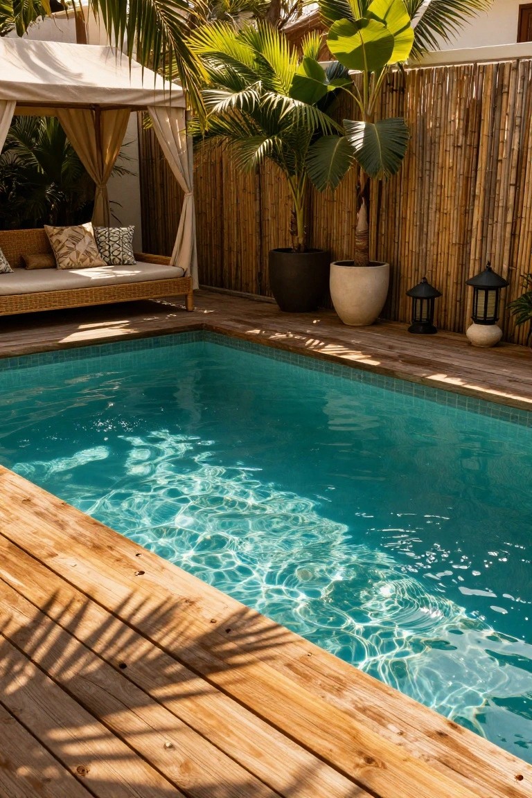 Turquoise inground pool with surrounding wooden deck, nearby draped cabana daybed, bamboo fencing, potted palms, and lanterns.