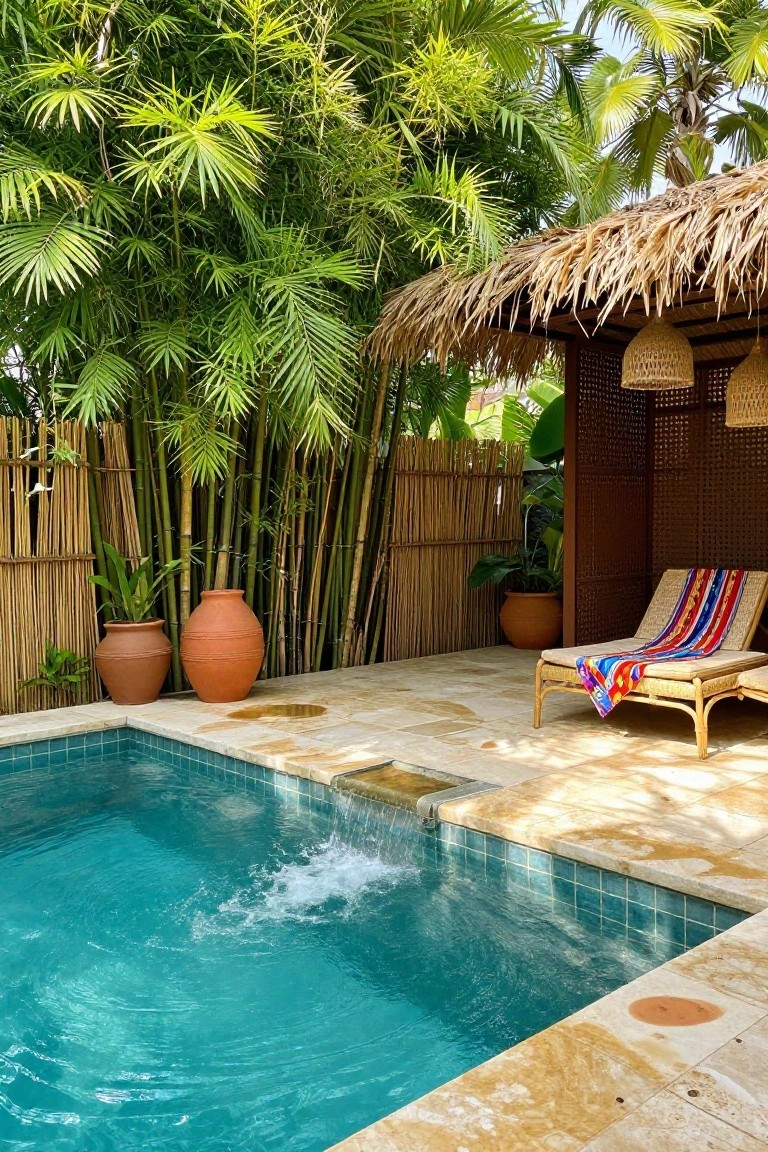 Small turquoise inground pool with waterfall edge next to stone patio, enclosed by tall bamboo fencing and tropical plants, with thatched cabana, lounge chair, and terracotta pots nearby.