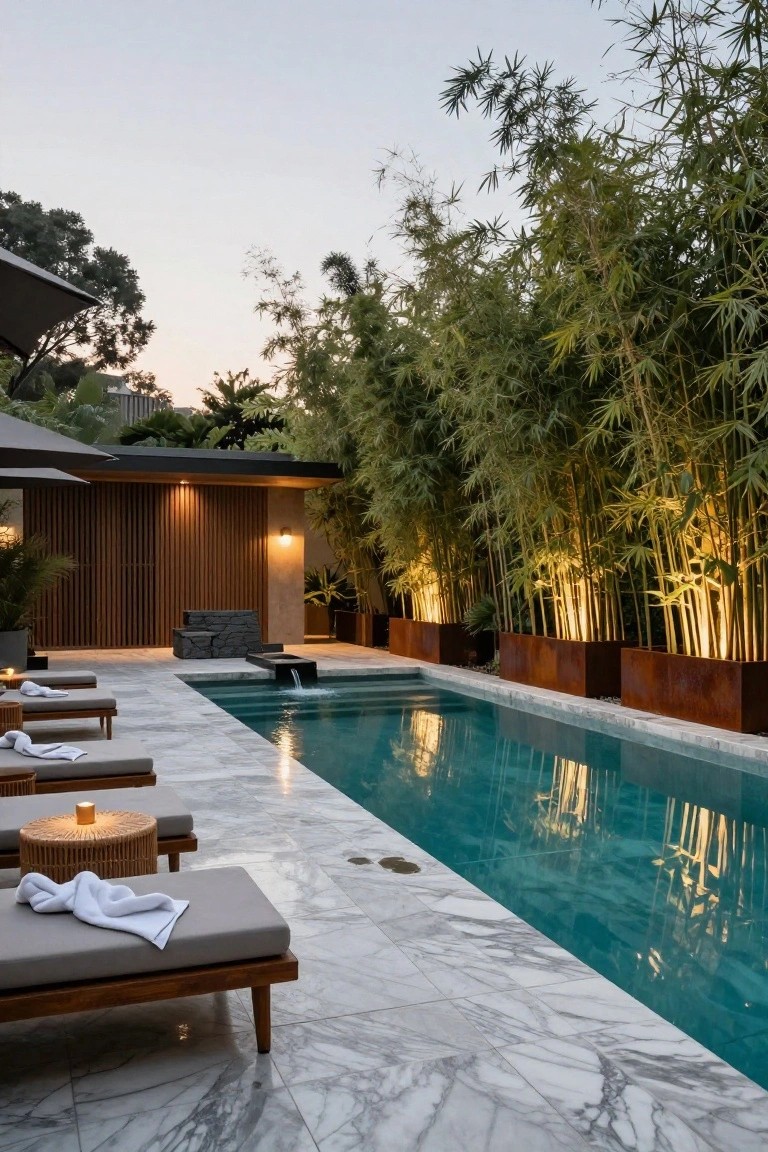 Turquoise inground pool with tall bamboo plants in rectangular corten steel planters along the edge, gray lounge chairs and towels on white marble decking, wooden slat wall and lighting nearby at dusk.
