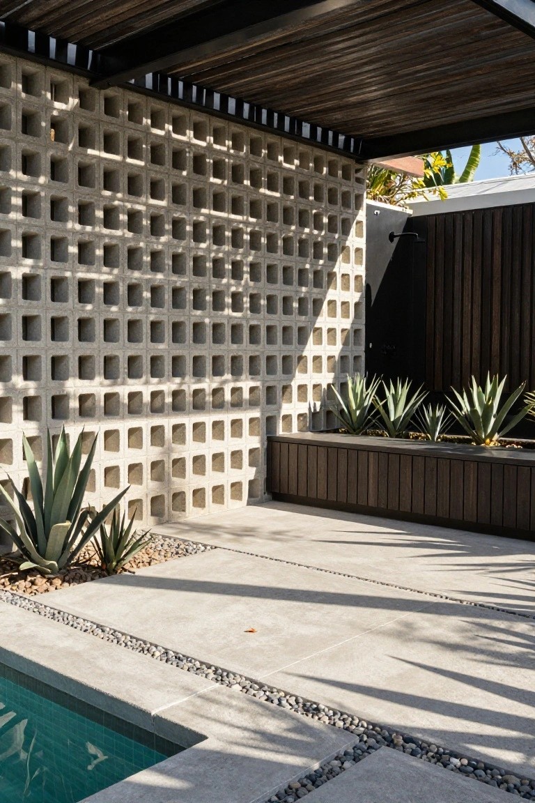 Light gray breeze block wall beside an inground pool with turquoise tiles, agave plants in wooden planter bench, pebble ground accents, and outdoor shower on wood fence under timber pergola.