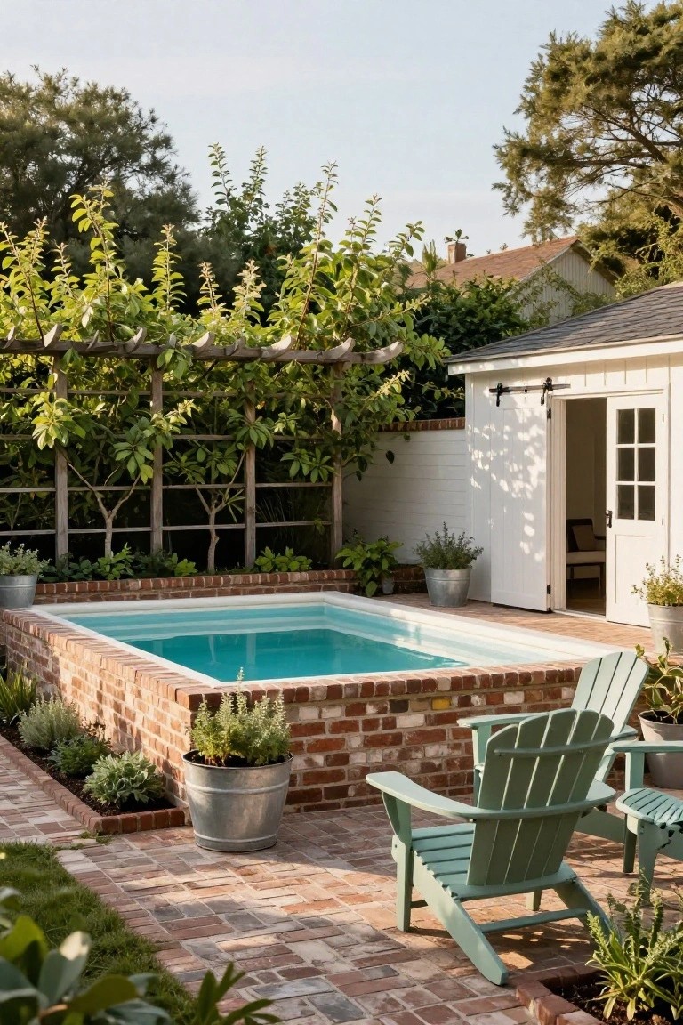 Small turquoise inground pool enclosed by brick walls with plants in metal buckets on top, green Adirondack chairs on brick pavers nearby, white shed with open doors, and vine-covered wooden pergola against a backyard fence.