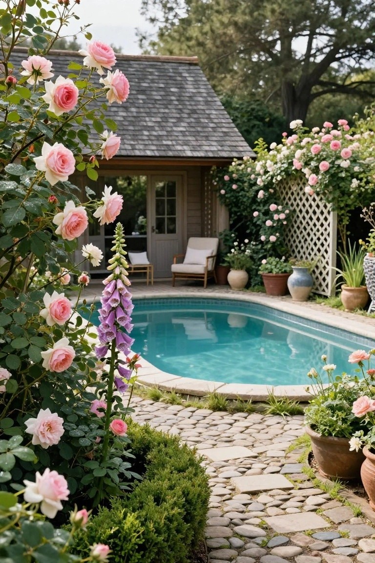 Small turquoise inground pool surrounded by lush pink rose bushes, purple foxgloves, boxwood hedges, potted plants, and a white lattice trellis covered in climbing roses next to a wooden shed with chairs and a stone path.