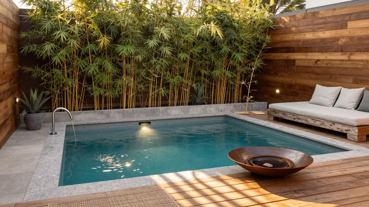 Inground pool with adjacent gray outdoor sofa on wooden deck, copper fire bowl on pavers, concrete planters with agave plants and outdoor faucet, tall bamboo plants against vertical wooden fence.
