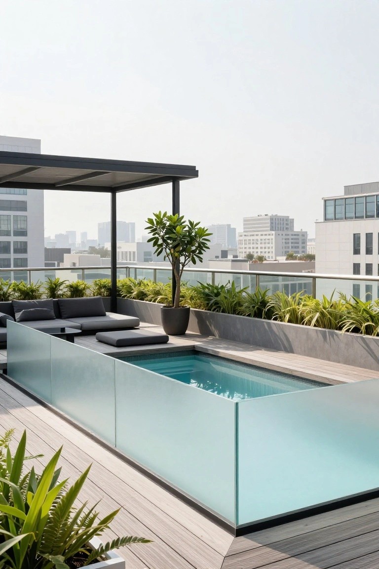 Rooftop terrace with rectangular inground pool enclosed by frosted glass panels, wooden decking, lounge seating, potted plants, greenery planters, and city buildings in the background.