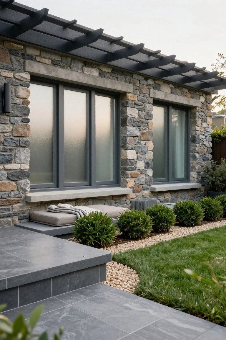 Stone-clad exterior wall of a house featuring three large frosted glass windows with a concrete sill bench and cushions, black metal pergola overhead, dark tiled steps to a patio edged with boxwood shrubs, pebbles, and grass.