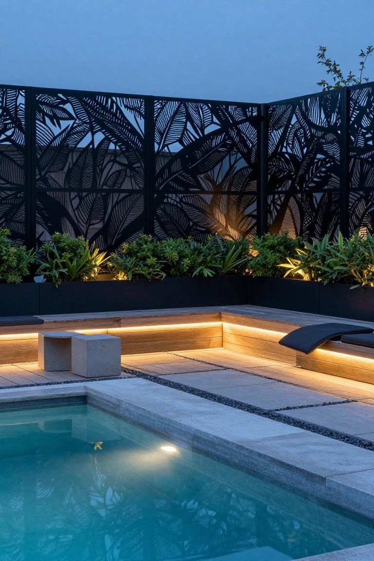 Corner view of a small inground pool with black laser-cut metal privacy screens featuring tropical leaf patterns, potted green plants, a wooden L-shaped bench with LED underlighting, and stone pavers with pebbles.