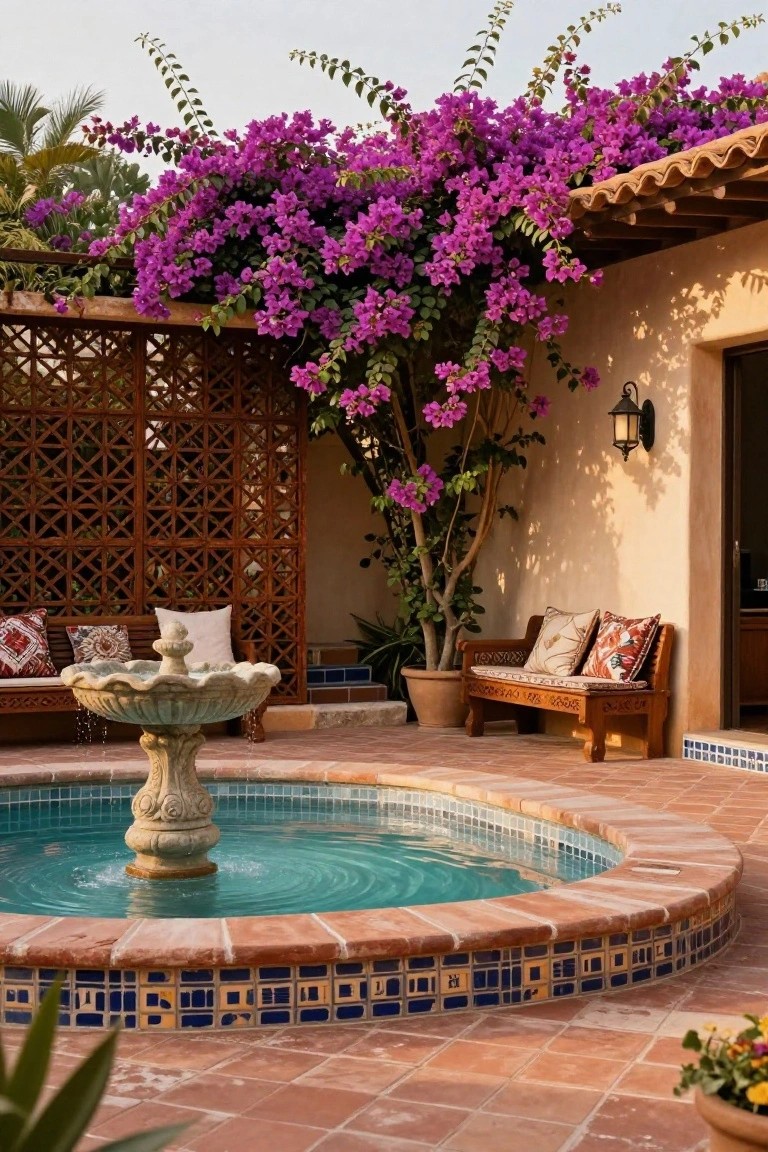 A small round inground pool with a central stone fountain surrounded by terracotta tiles, a wooden lattice screen covered in purple bougainvillea, a carved wooden bench with cushions, and an adobe-style wall with a door.