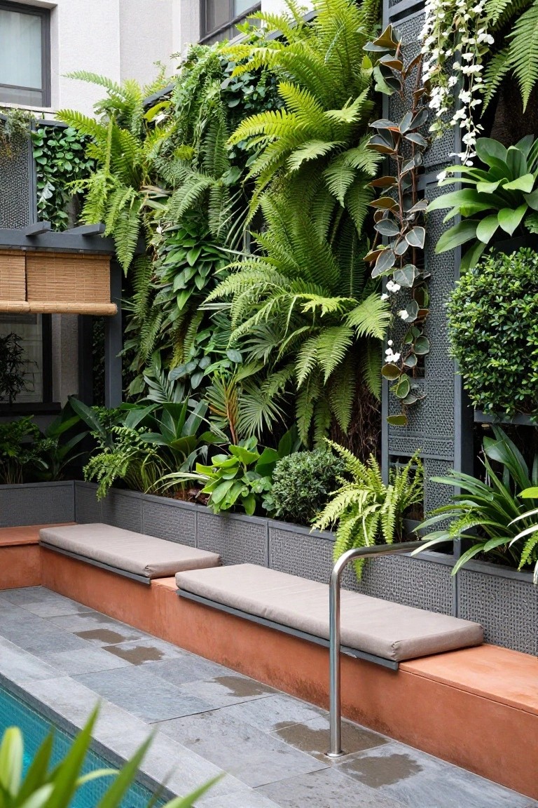 Inground pool with gray stone decking, terracotta raised edge holding built-in cushioned benches and stainless steel handrail, surrounded by tall walls covered in dense green ferns and plants.