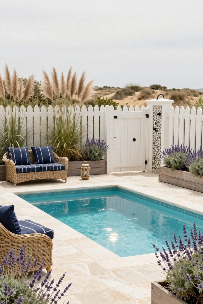 Small rectangular turquoise inground pool with white picket fence enclosure, wicker loveseat and chair nearby, lavender plants in wooden boxes, and tall grasses beyond the fence.
