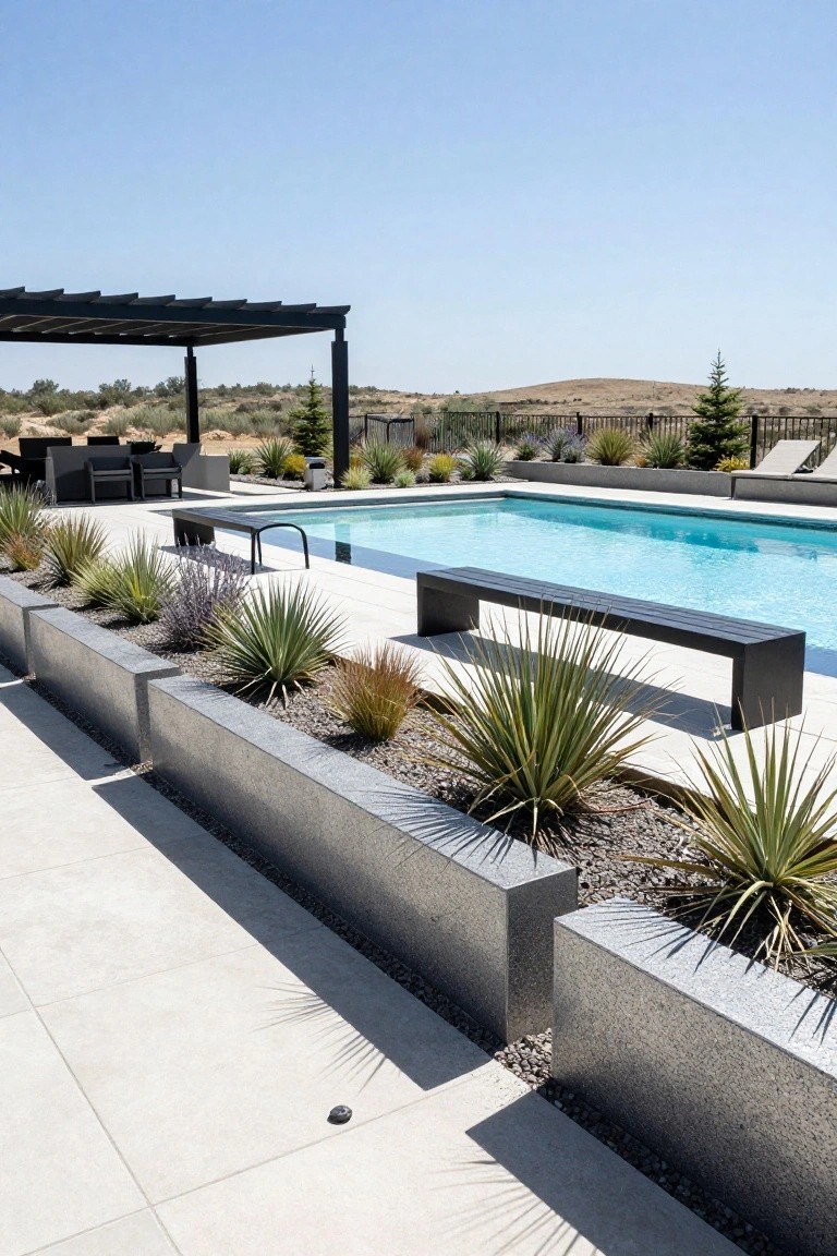 Inground swimming pool with clear turquoise water edged by linear gray stone raised planters containing agave plants, grasses, and lavender, a long black bench beside the pool, lounge chairs under a black pergola, and desert landscaping in the background.