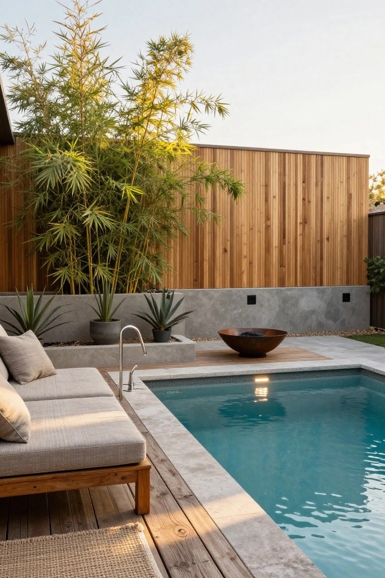 Inground pool with adjacent gray outdoor sofa on wooden deck, copper fire bowl on pavers, concrete planters with agave plants and outdoor faucet, tall bamboo plants against vertical wooden fence.