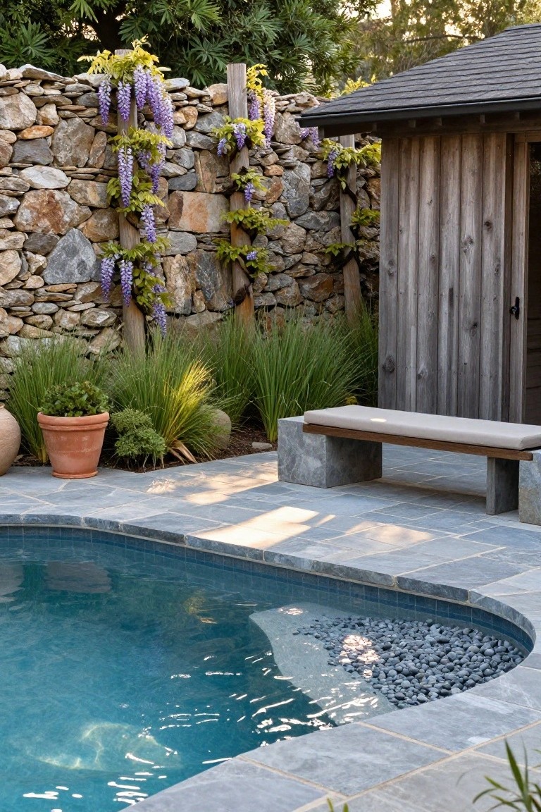 Curved inground pool with blue tiles and pebble edge, wooden bench on stone blocks nearby, terracotta pots and grasses, tall stone wall draped in purple wisteria vines, and cedar shed adjacent.