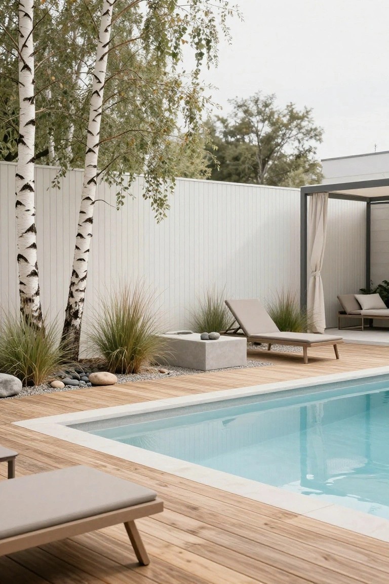 Inground pool with light blue water, surrounded by light wood decking, two lounge chairs, white vertical slat privacy fence, birch trees, ornamental grasses, rocks, concrete fire feature, and metal pergola with curtains.
