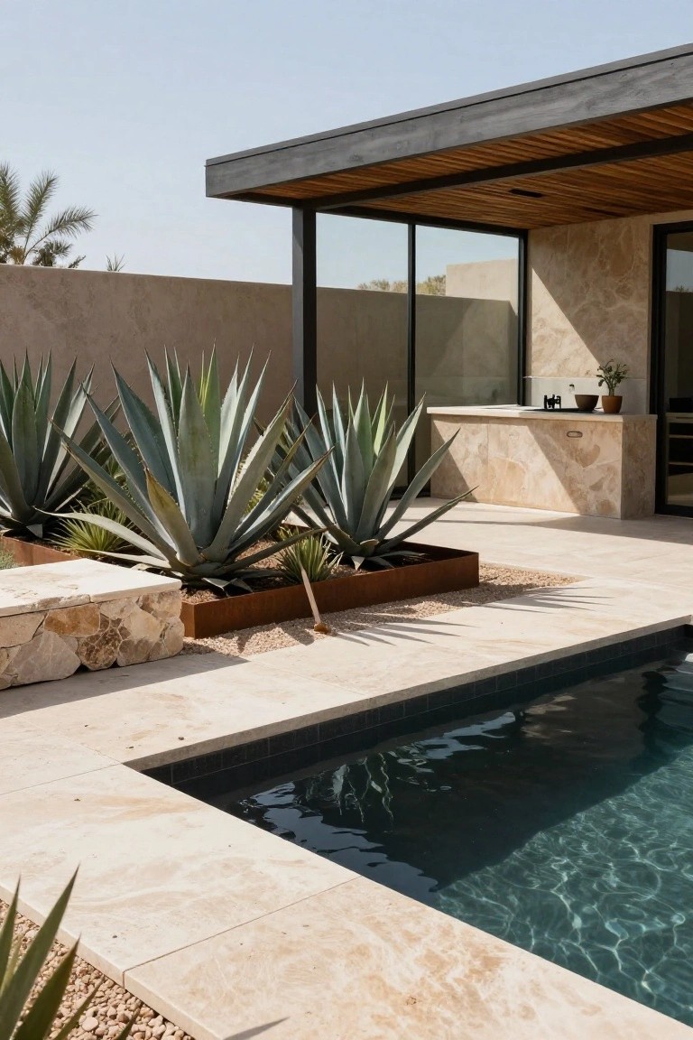 Poolside view showing travertine deck, black infinity pool edge, clusters of tall blue-green agave plants in rusted metal raised beds, stone bench, outdoor kitchen counter, and beige stucco house wall with wood ceiling and glass panels.