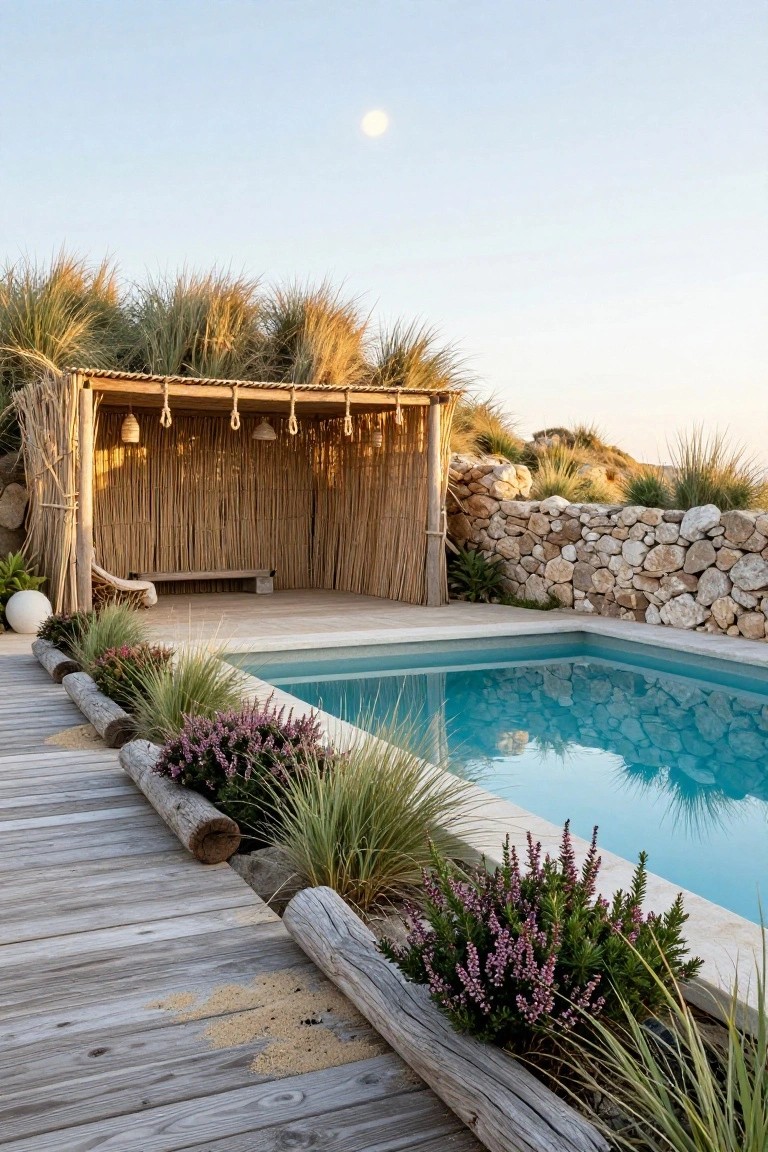 Turquoise rectangular pool next to an open-sided bamboo and thatch cabana with wooden bench and lounger inside, wooden deck path edged with plants and logs, stone wall backdrop, beach grasses, and distant dunes under a sky with rising moon.