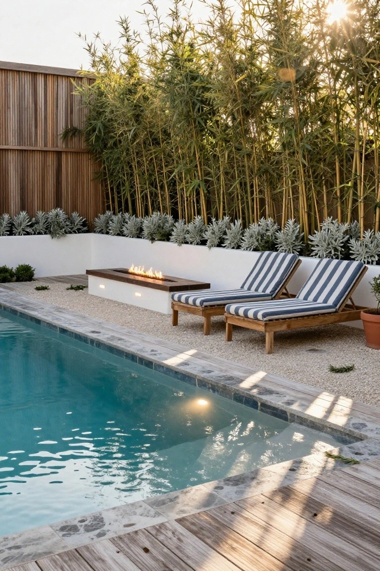 Poolside area featuring two blue-and-white striped wooden loungers next to a white linear fire pit table, backed by tall bamboo plants against a wooden fence, with silver-leaf shrubs and a turquoise pool nearby.