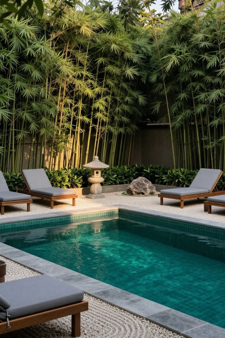 A rectangular turquoise pool with wooden loungers, gray cushions, a stone lantern, large rock, gravel paths, and dense green bamboo screens enclosing the area.