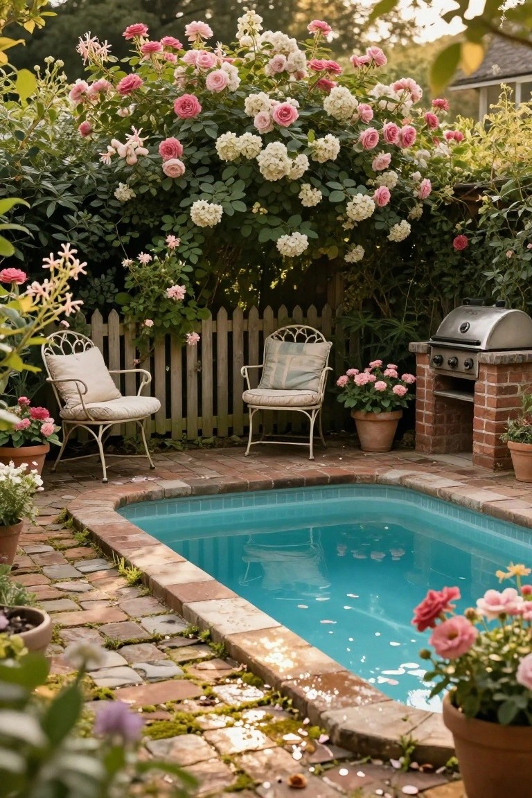 Small turquoise pool edged in brick pavers, surrounded by lush pink and white climbing roses on a white picket fence, two white wicker chairs with cushions, potted plants, and a brick barbecue grill.