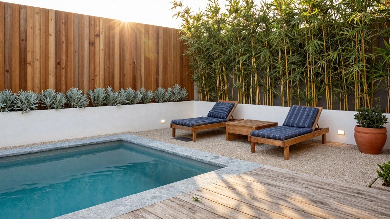 Poolside area featuring two blue-and-white striped wooden loungers next to a white linear fire pit table, backed by tall bamboo plants against a wooden fence, with silver-leaf shrubs and a turquoise pool nearby.