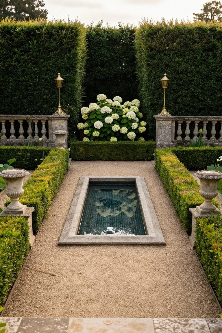 Gravel pathway lined with low boxwood hedges leading between tall green hedges to a rectangular tiled pool, with stone balustrades topped by lanterns and white hydrangea blooms on either side.