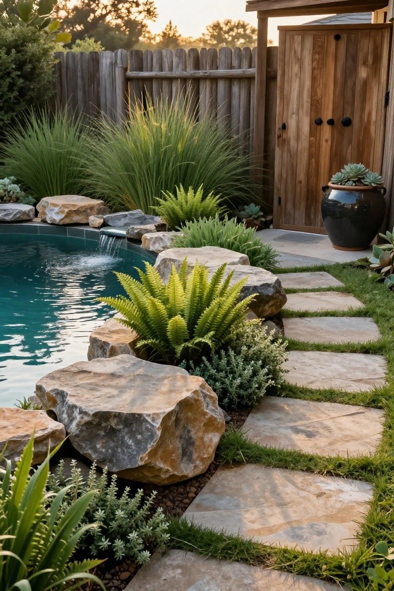 Turquoise inground pool with waterfall edge, surrounded by large stacked boulders, ferns, grasses, succulents, and a flagstone path leading to a wooden fence and shed.